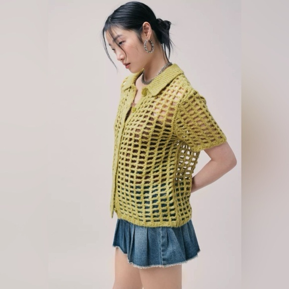 BDG For Urban Outfitters Open-Knit Short Sleeve Button Cardigan in Chartreuse - Picture 3 of 11